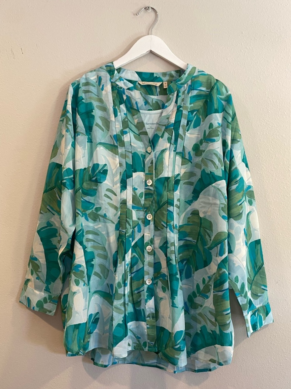 Soft Surroundings Tropical Palm Pintuck Blouse with Cami Size 1X Teal Green